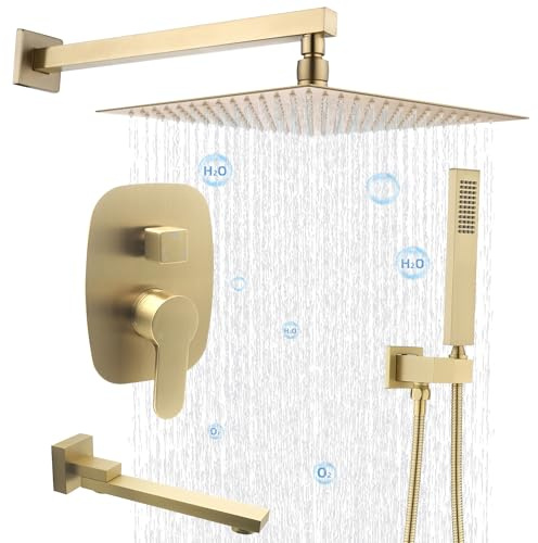 Delnet Concealed Shower Mixer Set Luxury Brushed Gold 12 Inch Wall Mounted Rain Shower System Complete Brass Shower Faucet Set
