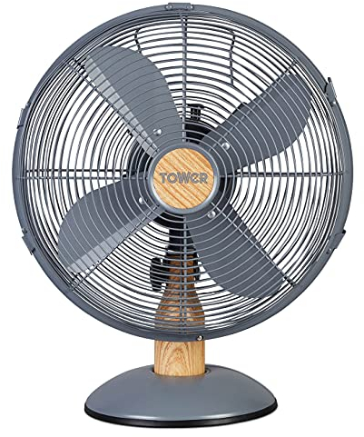 Tower T610000 Scandi Metal Desk Fan with 3 Speeds, Automatic Oscillation, 12”, 35W, Grey and Wood Effect