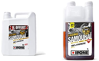 Ipone 800092 Huile Moteur Moto 2 Temps Samouraï Racing - Bidon 4 1 Litre Offert & 800090 Huile Moteur Moto 2T Samouraï Racing Option Fraise-100% Synthétique avec Esters-Bidon-Doseur 1 Litre, 1L