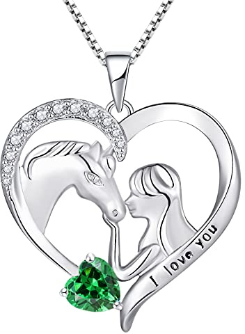 YL Pferdekette 925er Sterling Silber Schliff Mai Geburtsstein Grüner Zirkonia Gravur I love you Pferdeherz Anhänger Schmuck für Damen Freundin