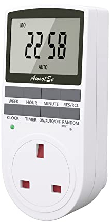 Awootsv Digital Timer Plug Socket with LCD Display 24 Hours/Weekly Indoor Automatic Timer Switch for Lights Plug Socket in Electrical for Home Appliances Timers Socket for Home Security