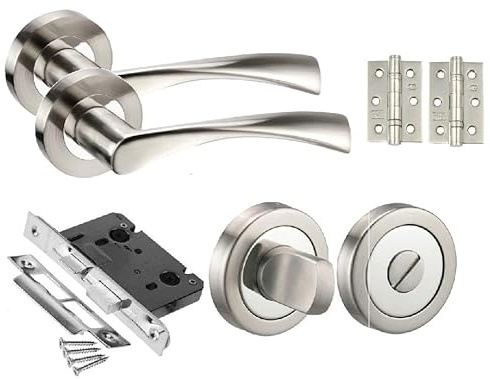Golden Grace Astrid Twist Bathroom Door Handles, Duo Chrome Finish | Includes thumbturn mortise lock, 3-inch ball bearing hinges, spindle and screws to completely fit new doors.