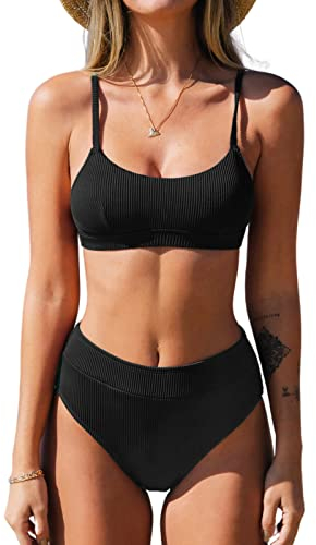 CUPSHE Damen Bikini Set U Ausschnitt High Waist Gerippte Textur Sport Bademode Zweiteiliger Badeanzug Swimsuit Schwarz M
