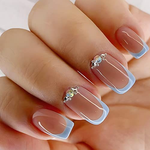 24 Stück Eckig Nägel Zum Aufkleben Kurz, Glitzer French Künstliche Nägel, Ballerina Natural Kunstnägel Press on Nails mit Blau Grenze Design, Square Fingernägel Fake Nails für Frauen und Mädchen
