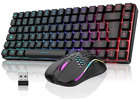 RedThunder K84 Combo USB-Tastatur und -Maus, kabellos, AZERTY, französischer AZERTY, 75 % TKL-Tastatur und leichte optische Maus aus Wabenmuster, 3200 DPI (schwarz)