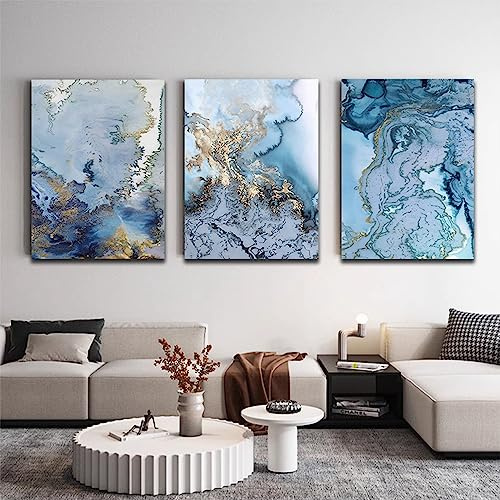 FSLEOVN Abstrakt Blau Gold Marmor Poster Set 3er, Gold Textur Fluid Bild auf Leinwand, Blau Marmortextur Kunstdruck Wanddeko Poster Rahmenlos (Blau Gold,40x60cm)