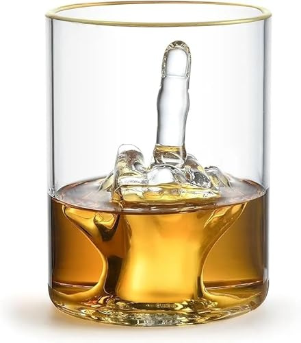 RUGLUSH Middle Finger Funny Whiskey Glass – Premium Up Yours Funny Glass for Whiskey, Liquor – Luxurious Gold Rim – Home Bar Accessories Ideal for Man Cave, Fun Gag Gift Patent-Pending