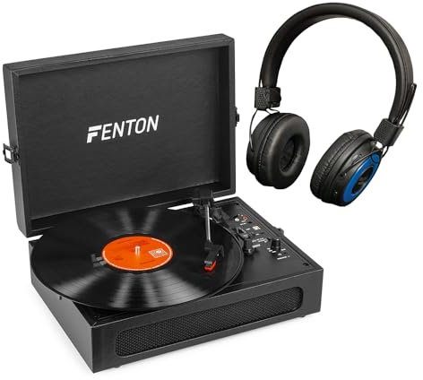 Fenton RP118B Briefcase Record Player with Bluetooth Headphones, Vinyl Turntable with Wireless Streaming, USB MP3 Encoding, Built-In Stereo Speakers, Suitcase Design, Black Finish