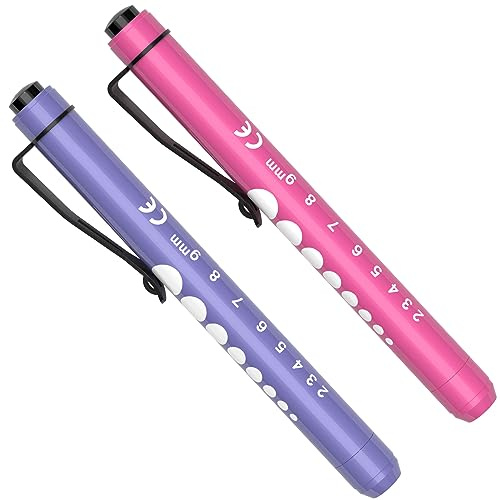 RISEMART Pen Torch, 2PCS Pen Light LED Pupil Gauge Pen Torches for Nurses Doctors Paramedic EMT Emergency Penlight Flashlight with Pocket Clip (Purple &Pink)