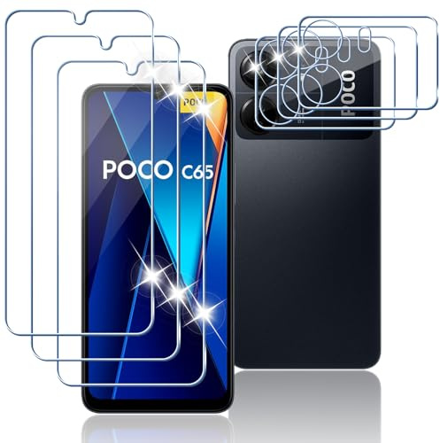 Tomooo Cristal Templado Compatible con Xiaomi Redmi 13C 4G/POCO C65, 3 Piezas 9H Anti-Arañazos Protector de Pantalla, 3 Piezas Protector de Lente, Antihuellas, Ultra Transparente, Sin Burbujas