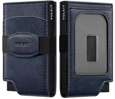 VULKIT Korthållare för män, pop up, RFID-läder, sedelklämma, smal bankkorthållare i metall med ID-fönster, minimalistisk plånbok, Marinblå, Minimalistisk