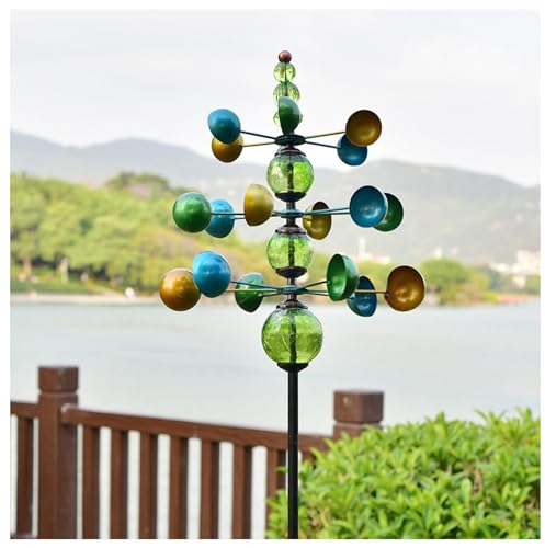 MeLtor Windmühlen Garten, Windrad Metall Garten, 3-stufiger Gartenstecker mit Knisterkugeln aus Glas GartenwindmüHlen FüR Terrasse Und Garten