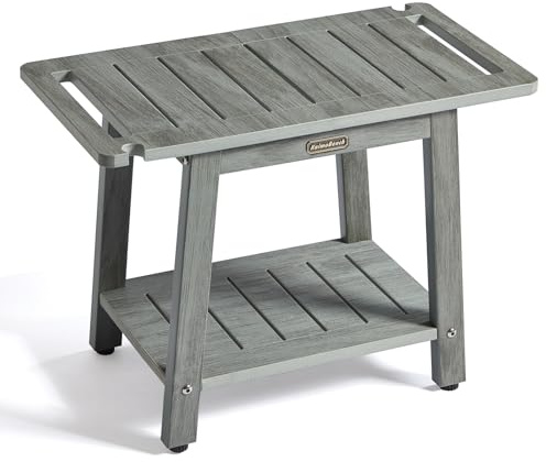 HDPS Duschbank für Innendusche, wasserdichter Duschhocker für Rasierbeine, Poly-Holzduschstuhl mit Griffen und Duschkopfhalter, Badezimmer-Dusch-Fußstütze, Hocker mit Ablage, Grau