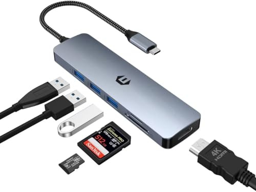 Tymyp Hub USB C, Puerto USB, 6 en 1 Ultra Slim USB C, Adaptador multipuerto 4K, Adaptador HDMI 4K, 3 USB 3.0, Lector de Tarjetas SD/TF, Divisor USB C LAN, Compatible con MacBook Air