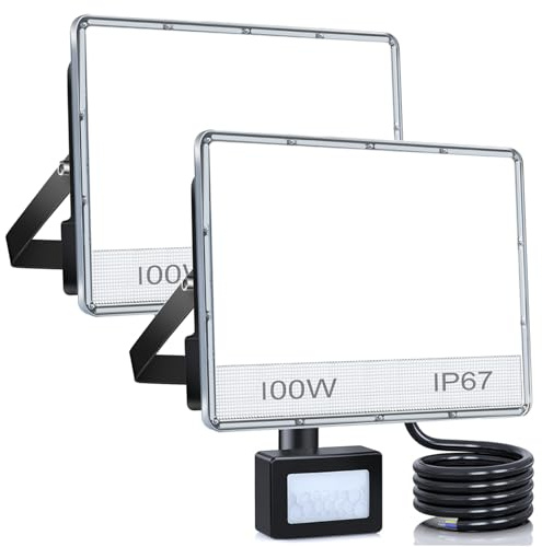 ANNIFUNLY Faretto Led da Esterno con Sensore di Movimento, 100W 10000 lumen 2 Pezzi Faro Led Esterno 6500K Bianca Fredda, IP67 Impermeabile Fari LED per Garage Cortile Giardino Terrazza