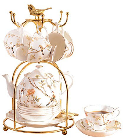 BGFYUSF Teeservice aus Porzellan， Teekanne， Tasse und Untertasse， Löffel， Kuchenteller， Aufbewahrungsregal， Vintage-Blumen-Kaffeeservice aus Knochenporzellan，