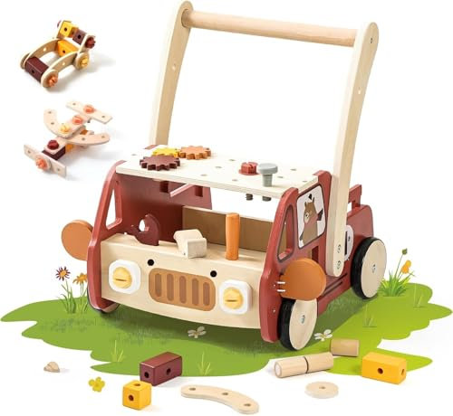 let's make gåvagn trä Montessori leksak gåhjälp med hjul och block, leksak, multifunktion, baby, walker, aktivitet, lära-gå-hjälp för baby från 1 år (röd)