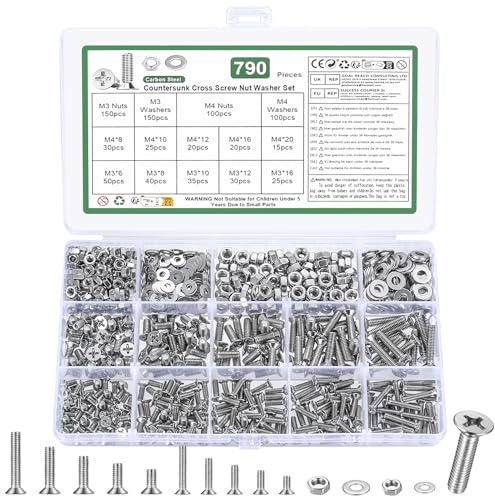 790 Pcs M3 M4 Screws Set, Countersunk Bolts and Nuts, Flat Head Machine Screw Nut and Bolt with Washers, Cross Head screws bolts and nuts Assortment Kit(M3 M4, Silver)