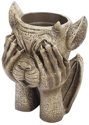 Gothic Gargoyle Planter Flower Pots, Decorative Demon Head Design, Antique Grey Stone Finish (No looking)