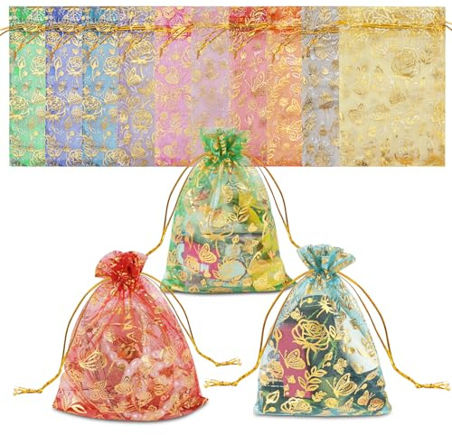 300 Stück Organza Geschenkbeutel, Chostky Hochzeit Gunst Taschen, Schmetterling Rose Organza Schmuck Beutel mit Kordelzug für Weihnachten Valentinstag Halloween Party Schmuck Süßigkeiten (9 * 12cm)