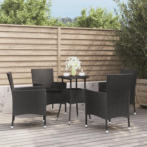 Xichuzi 5-TLG. Garten-Bistro-Set mit Kissen Schwarz Poly Rattan Bierzeltgarnitur, Gartenbar, Biertisch Bierbänke, Essgruppe, Gartenmöbel Set, Balkonmöbel, 3187417