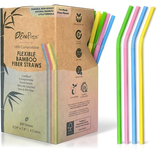 EcoPreps Colorful Biodegradable Flexible Drinking Straws, Bendable 300 Count | 100% Compostable, Plastic-Free, Eco-Friendly Drinking Straws | 7.8'' Bamboo Fiber Disposable Straw, Multi-Color Straw Set