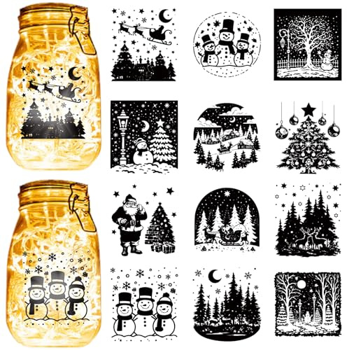 CREATCABIN 12Stück Weihnachts Einmachglas Silhouette Lasergeschnittener Karton Schneemann Weihnachtsmann Weihnachtsbaum Schwarze Stanzungen PVC Gläser Scrapbook Dekorationen Basteln Licht Lampe 10x9cm