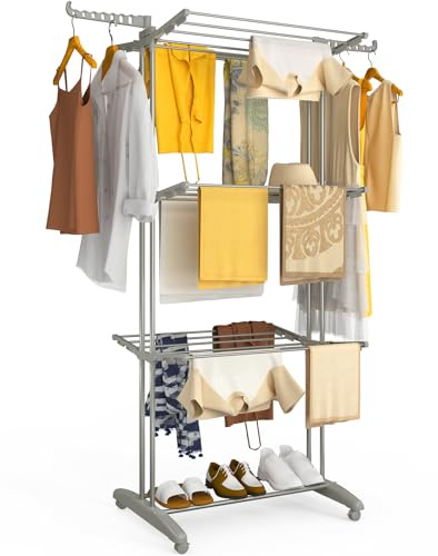 VOUNOT® Tendedero Vertical Plegable Tipo Torre 4 Niveles Dobles Zapatero Tendedores Ropa Gran Capacidad Secadora con Ruedas Alas Plegables Estantes de Secado Ropa Interior/Exterior 125x62x173cm Gris