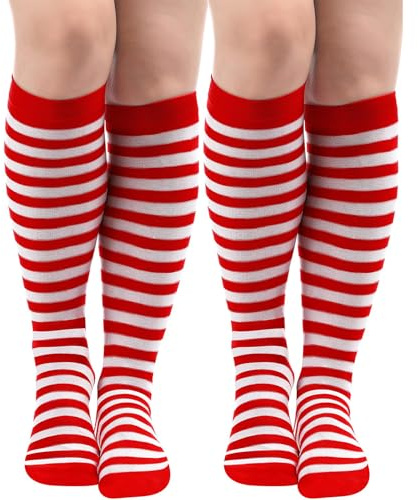 BellaBlend 2 Pairs Red Socks Striped Socks for Women Striped Knee High Long Opaque Hosiery Sport Casual Tube Hosiery