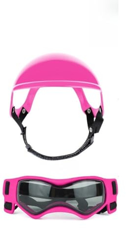 Hundglasögon, hundsolglasögon medelstor hundhjälm med UV-skyddsglasögon, solskydd, motorcykelhjälm husdjur öronhål, utomhus (rosa set)