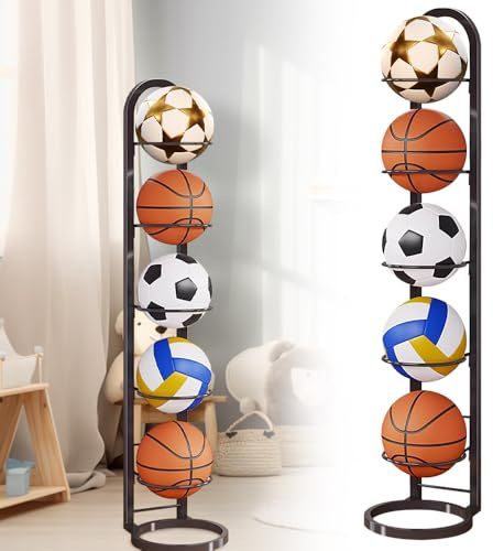 BIZOI 5 Strati Porta Palloni, Rastrelliera da Basket Verticale, Supporto per Palloni da Calcio in Metallo, Scaffale di Stoccaggio Della Palla Rimovibile Scaffale di Stoccaggio di Attrezzature Sportive