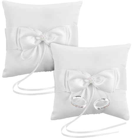 UNICRAFTALE 2 Stück Quadratisches Perlen Ringkissen Hochzeitskissen Weißes Polyester Ringhalter Trauringkissen Schmuckdisplay Für Verlobungsfotos & Jubiläumsgeschenke 5.5x5.5x2.36 Zoll