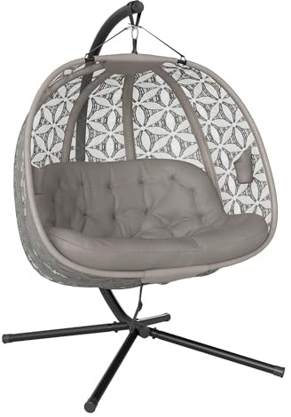 olofable Hängesessel mit Gestell Doppel Hängestuhl, Schaukelstuhl extra dickem Sitzkissen, klappbarem Korbsitz und Getränkehaltern für Innen- und Außenbereich, Sandbraun