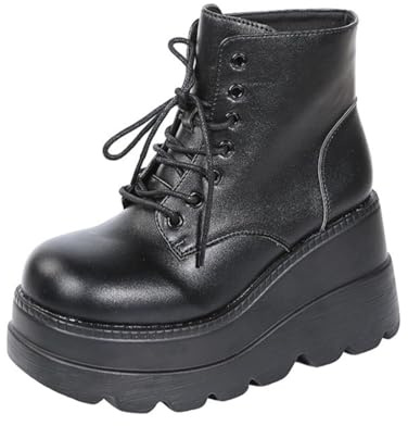 Glamidea Bottines à Lacets Noires Plateforme pour Femmes Décontractées Bottines Gothiques Punk en Cuir Verni à Talon Compensé D'hiver Élégantes de Motard Confortables et Tendance