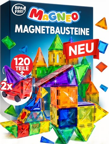 Magneo® Blocs Magnétiques 120 Pièces (2 Voitures) – Construction Enfant dès 3 Ans – Jeu Créatif avec Magnetic Tiles – Blocs Aimantés pour Garçons & Filles – Idée Cadeau