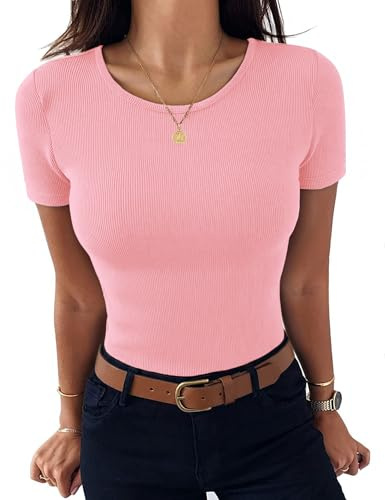 Aottori Womens Short Sleeve Tops Crew Neck Ribbed T Shirts Slim Fit Basic | Solid Color, Stretch, Casual, Lightweight, Base Layer Undershirt, Layering, Daily Wear, Office Wear, Work Wear