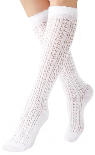 EconioSocken Dirndlstrumpor för Dam, 80% Bomull, EU 35-42, Traditionella | Vita traditionella knästrumpor med våg- eller rutmönster, mjuk mudd och elastisk passform; för Oktoberfest, Wiesn