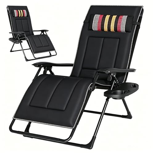 Garten Liegestuhl Klappbar, Verstellbarer Gartenliege mit Nackenkissen & Getränkehalter, Sonnenliege Wetterfest, Ergonomisches Design, bis 150 kg, Relaxliege für Outdoor Garten Balkon (Schwarz)