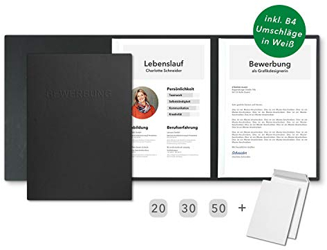 20 Stück SPAR-SET dreiteilige Bewerbungsmappen Schwarz in feinster Lederstruktur - inklusive 20 Versandumschläge