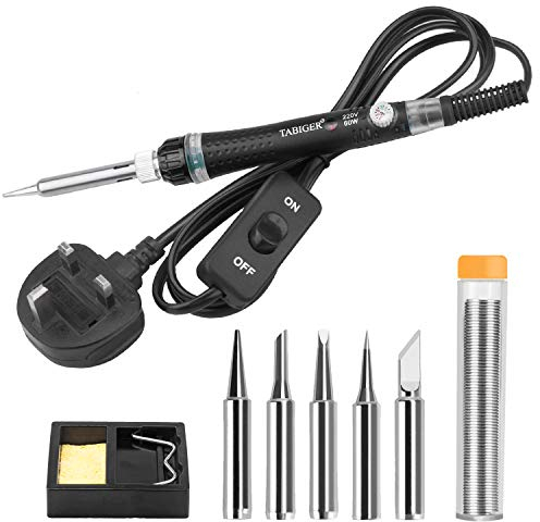 Tabiger Soldering Iron Kit with Adjustable Temperature ON/Off Switch, 60W/220V Electronics Soldering Tool with 5PCS Soldering Tips, Solder Wire, Soldering Iron Stand with Sponge for Repair Usage