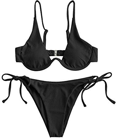 ZAFUL Damen Zweiteiliger Bügel Bikini-Set, Leopardenmuster Criss Cross Push Up High-Cut Gepolsterte Bikini Badeanzug (A-Schwarz,L)