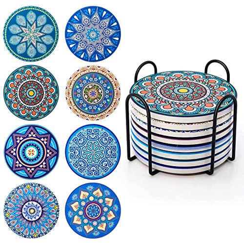 Untersetzer Getränke-8er Set Saugfähig Kork Keramik Glasuntersetzer,mit Metallhalter 4 Zoll Mandala-Muster fur Tassen,Vasen,Kerzen Einweihungsgeschenk zum Geburtstag, Küche Wohnzimmer Dekoratio