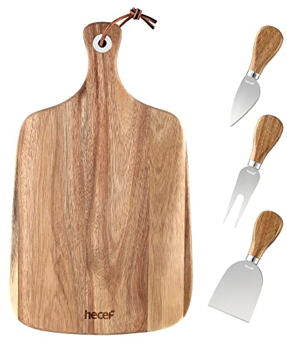 hecef Käsebrett und Messer 4er-Set, enthält Akazienholz-Käseteller & dünnes Messer & Meißelmesser & Käsegabel, größeres Käsebrett zum Servieren von Käse, Crackern und Obst