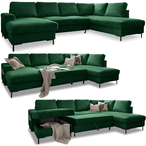 MIUFORM Lofty Lilly, 8 Sitzer Ecksofa mit Schlaffunktion, Rechts, Grün | Sofa mit Schlaffunktion, Schlafsofa mit Bettkasten, Wohnlandschaft U Form, 303x197x84cm, Couch mit Schlaffunktion, Sofa Bed