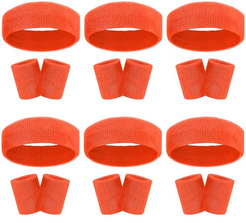 18-teiliges Schweißband-Stirnband-Armband-Set, bunt, gestreift, Frottee, Sport, Fitnessstudio, 80er Jahre, Schweiß-Stirnbänder, Handgelenkbänder (6er Pack-Orange)
