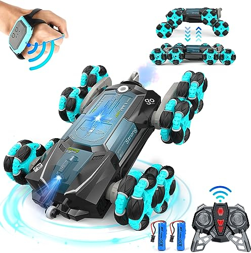 Nauotk Ferngesteuertes Auto, 2,4 GHz Ferngesteuerter RC Auto ab 6 7 8 9 10 11 12 Jahre, 8WD Stunt Drift Car mit Gestensensor, Coole Lichter und Sprühnebel, 2 Akku Spielzeug, Kinder Roboter-Blau