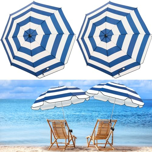 Buryeah 2 Pcs Automatic Chair Umbrella with Universal Clamp 44 UPF 50+ Portable Clamp on Beach Chair Adjustable Wheelchair Umbrella for Outdoor Patio Parasol(Dark Blue)