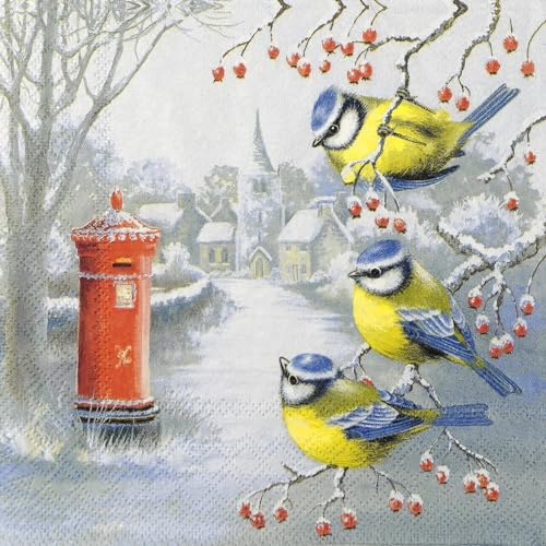 20 Servietten Weihnachten Blaumeisen vor Winterstadt als Tischdeko. Papierservietten mit Motiv. Auch für Decoupage und Serviettentechnik 33x33cm