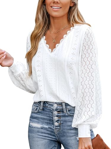 CUPSHE Women Blouse Cutout Scalloped Lace Top Long Lace Sleeves V Neck Banded Cuffs Chic Elegance Shirt White M