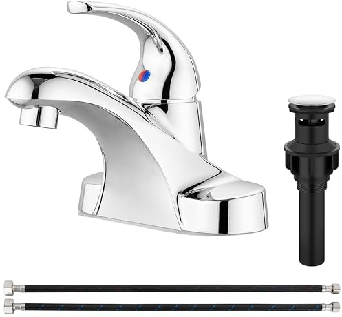 Aolemi Bathroom Faucets Arc 4 Inch Centerset Bathroom Sink Faucet Single Handle Vanity Faucet with Supply Lines,with Pop Up Drain Assembly,Polish Chrome